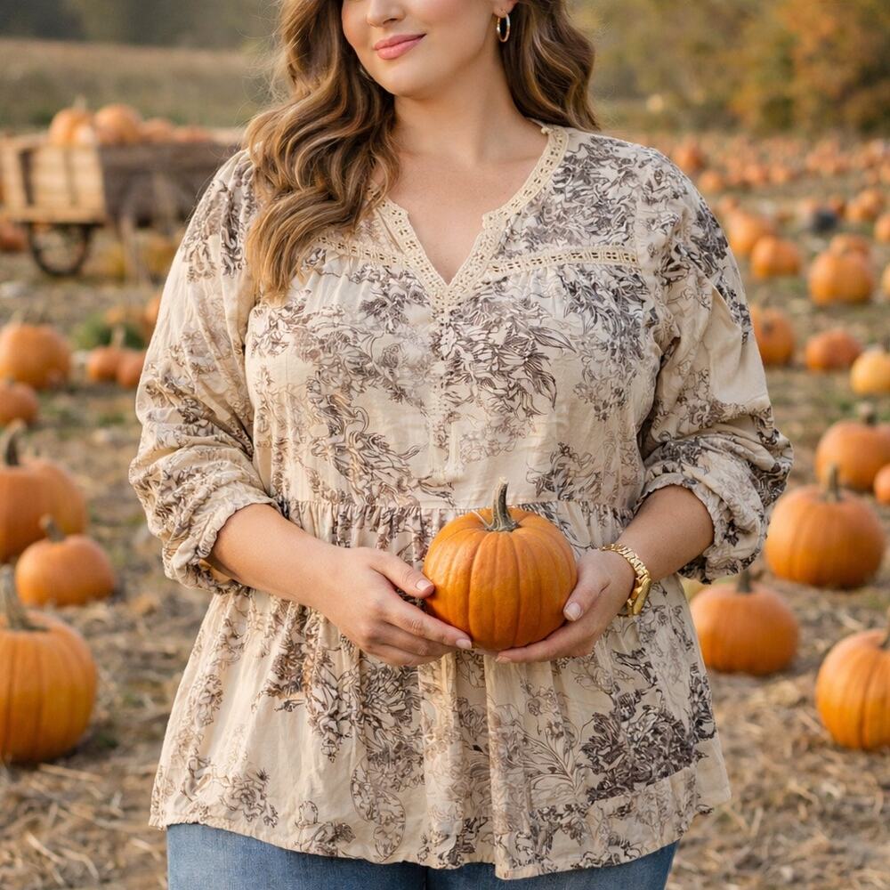 Vintage America XL Boho Floral Peasant Top Cream Brown Fall Cottagecore Blouse